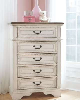 WEEKLY or MONTHLY. Raylene 5-Drawer Shabby White Tallboy Chest