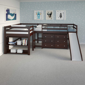 WEEKLY or MONTHLY. L-Shaped Double Twin Low Loft with Dresser and Bookcase